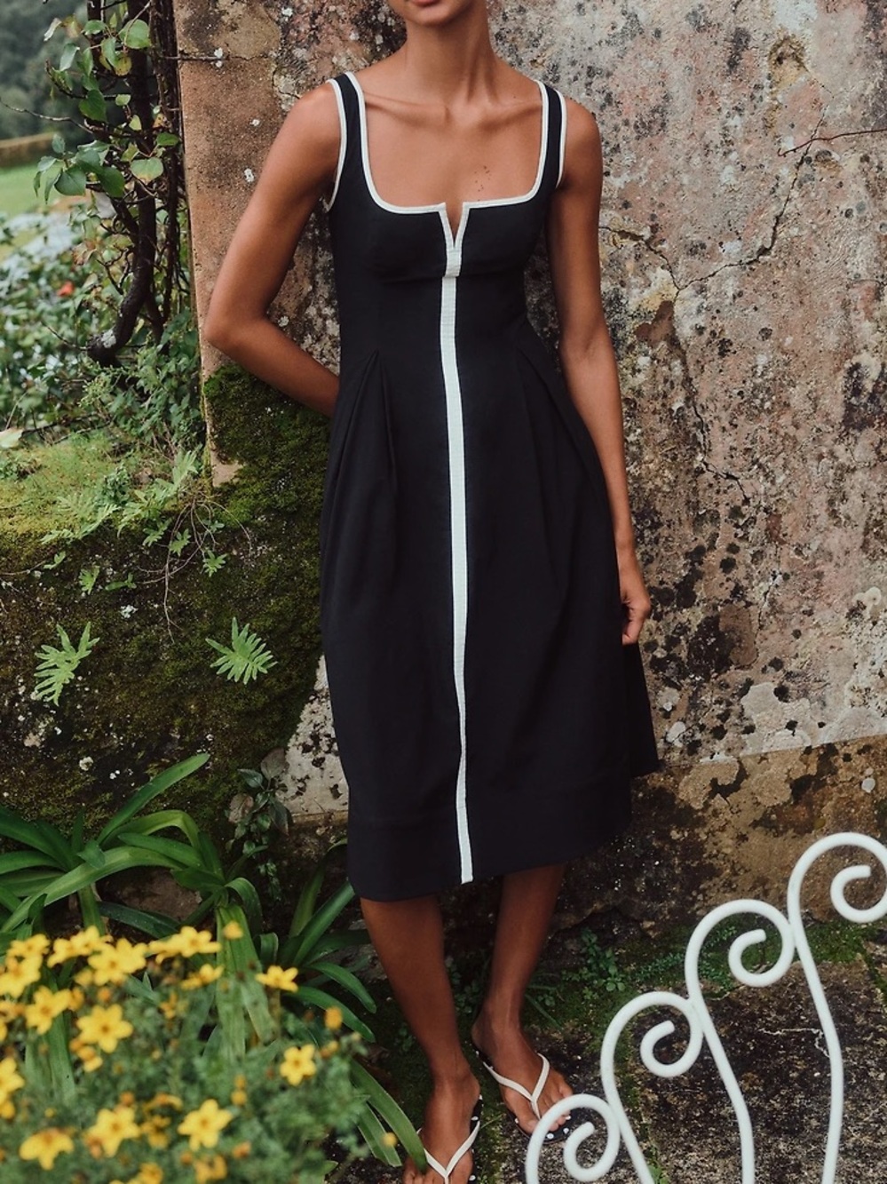 Anthropologie Maeve Sleeveless Notched Square-Neck Midi Dress in Black & White
